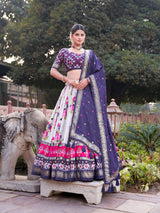 Navy Blue Floral Printed Lehenga Choli with Silk Dupatta & Traditional Border