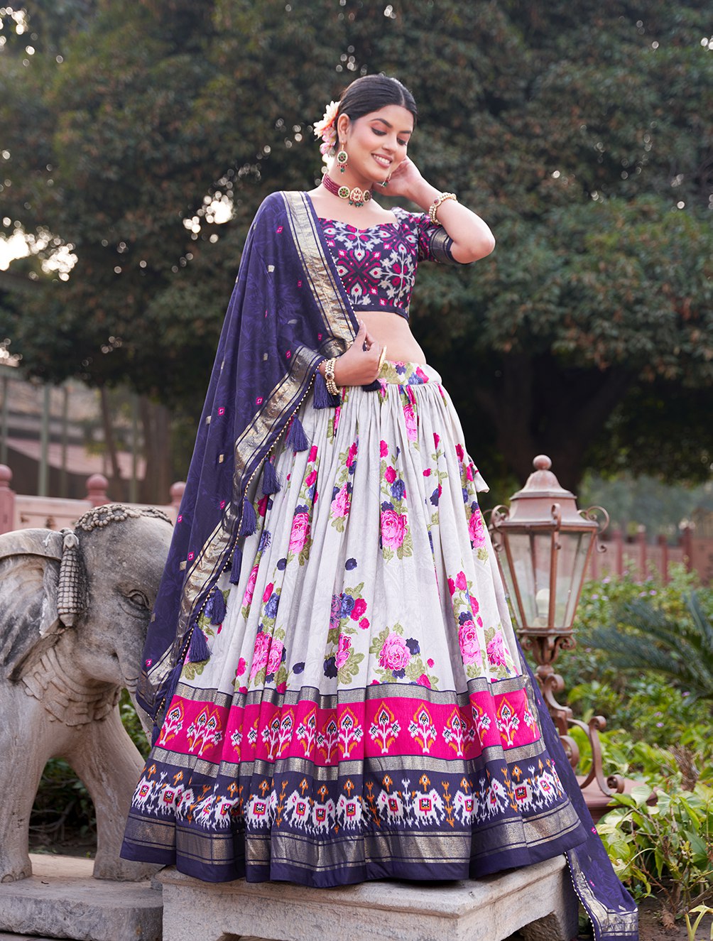 Navy Blue Floral Printed Lehenga Choli with Silk Dupatta & Traditional Border