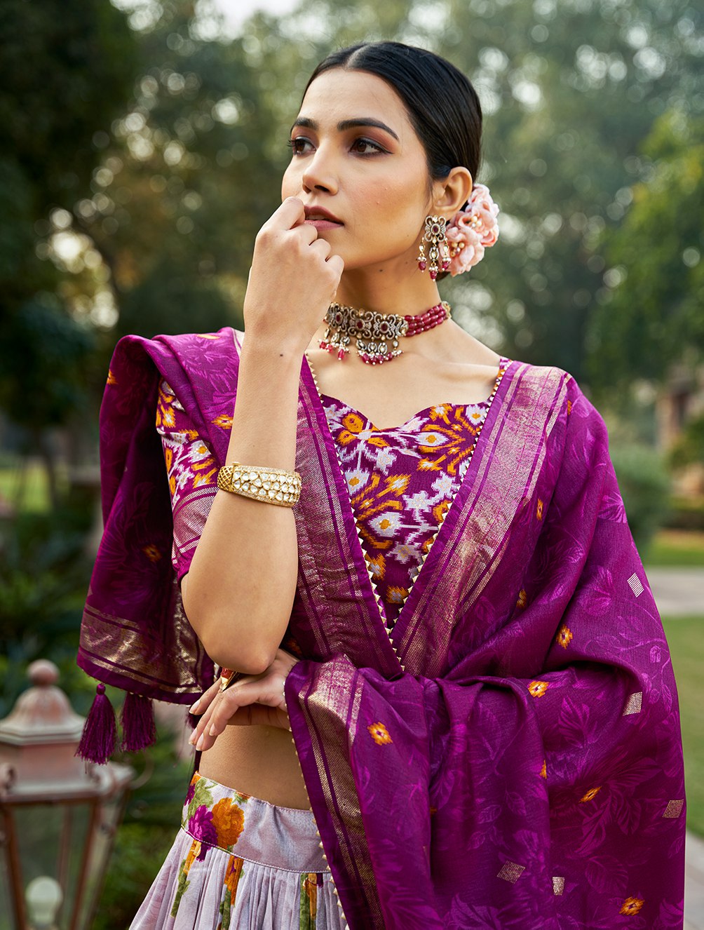 Purple Floral Printed Lehenga Choli with Silk Dupatta & Traditional Border