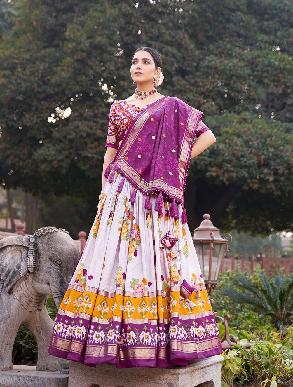 Purple Floral Printed Lehenga Choli with Silk Dupatta & Traditional Border