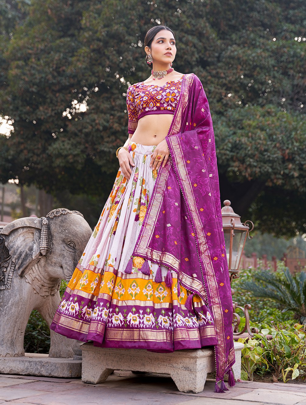 Purple Floral Printed Lehenga Choli with Silk Dupatta & Traditional Border