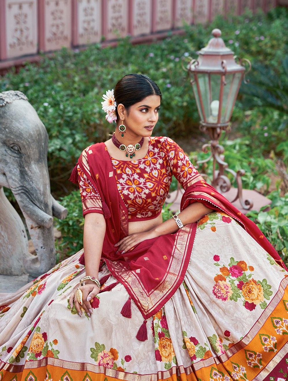 Cream Floral Printed Lehenga Choli with Red Dupatta & Traditional Border