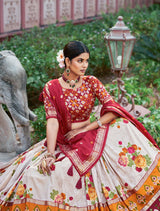 Cream Floral Printed Lehenga Choli with Red Dupatta & Traditional Border