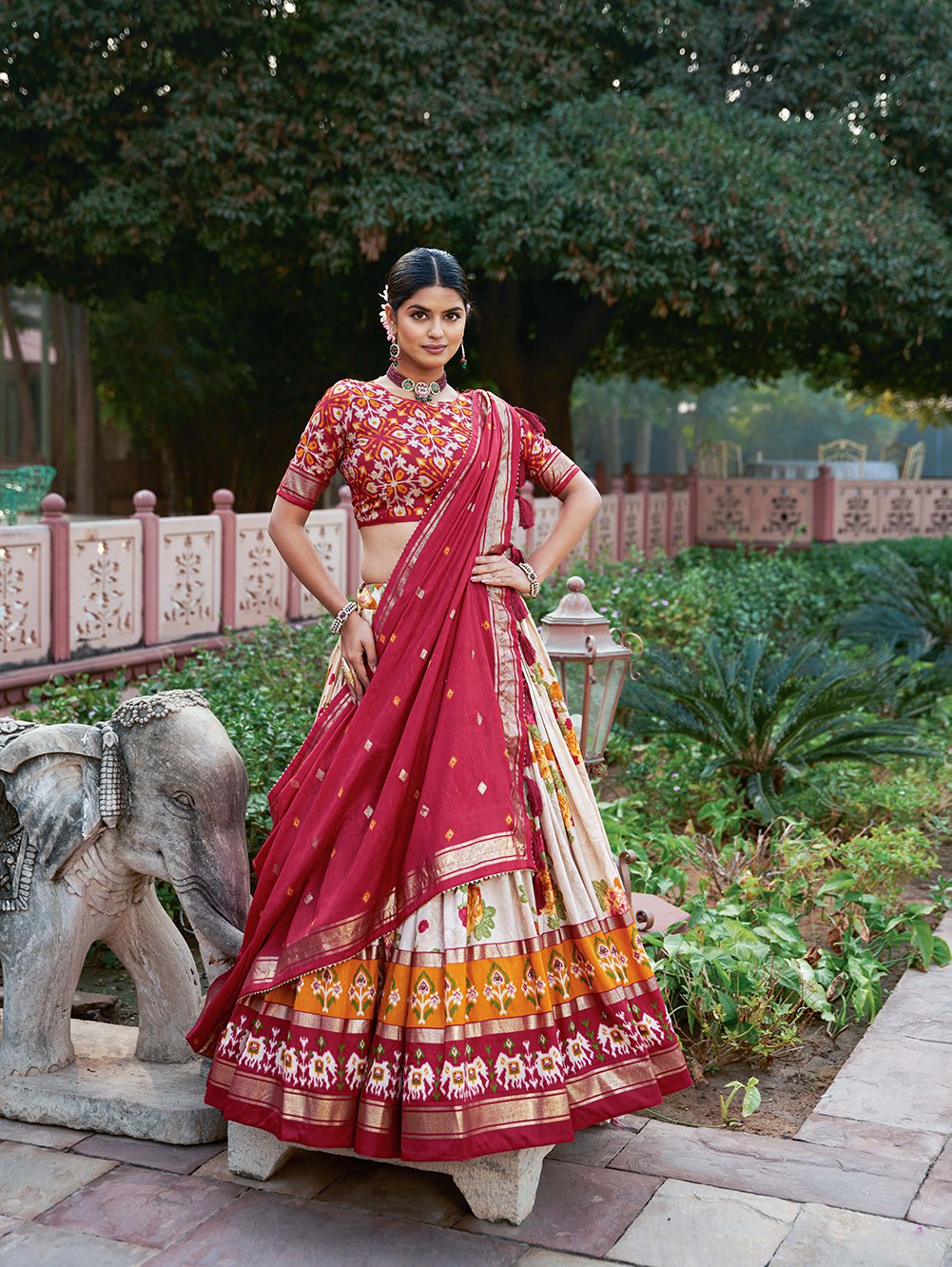 Cream Floral Printed Lehenga Choli with Red Dupatta & Traditional Border