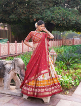 Cream Floral Printed Lehenga Choli with Red Dupatta & Traditional Border