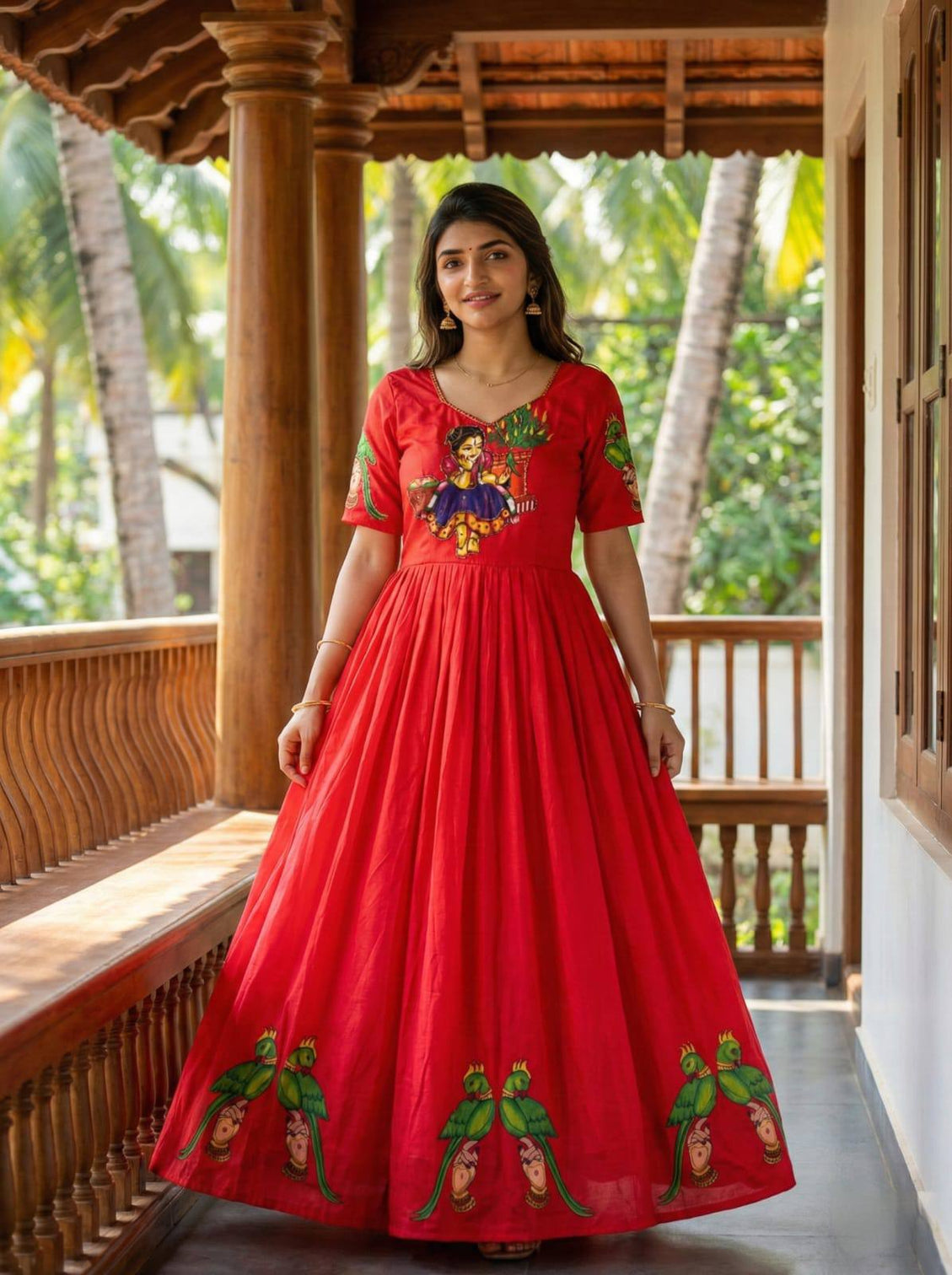 Red kalamkari printed maslin gown with khatli handwork moti beads mameraa