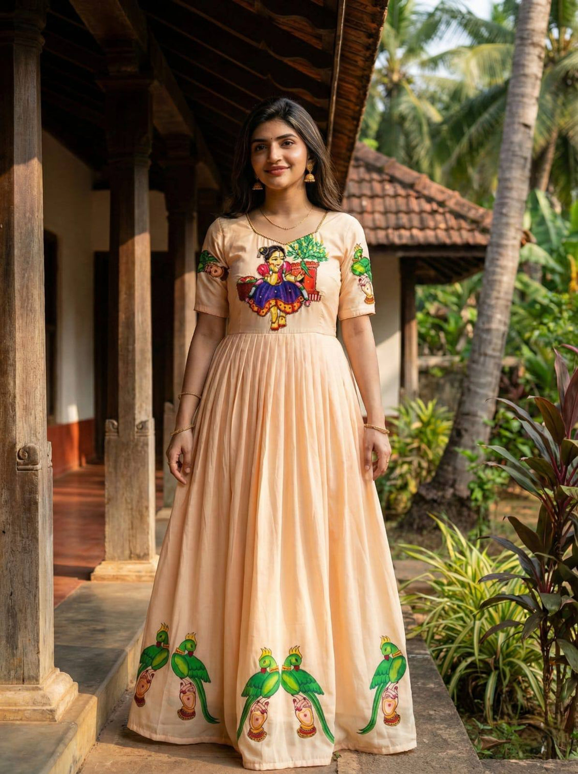 Peach kalamkari maslin gown with khatli handwork beads moti detailing mameraa