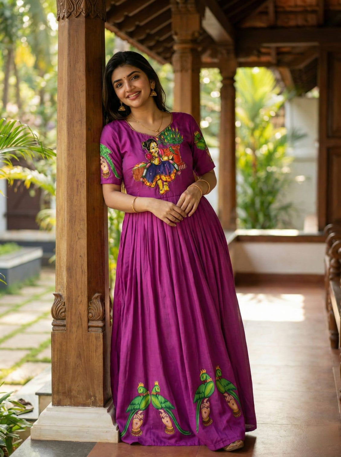 Purple kalamkari printed maslin gown with khatli handwork moti beads
