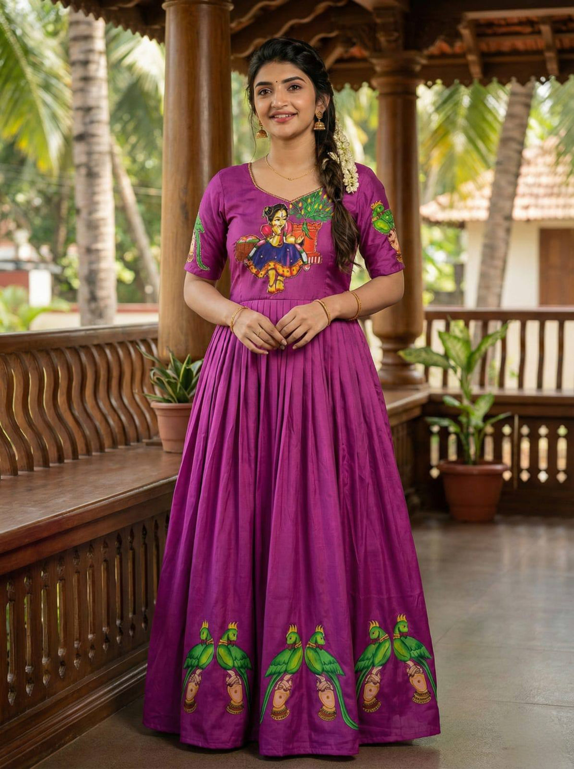 Purple kalamkari printed maslin gown with khatli handwork moti beads mameraa