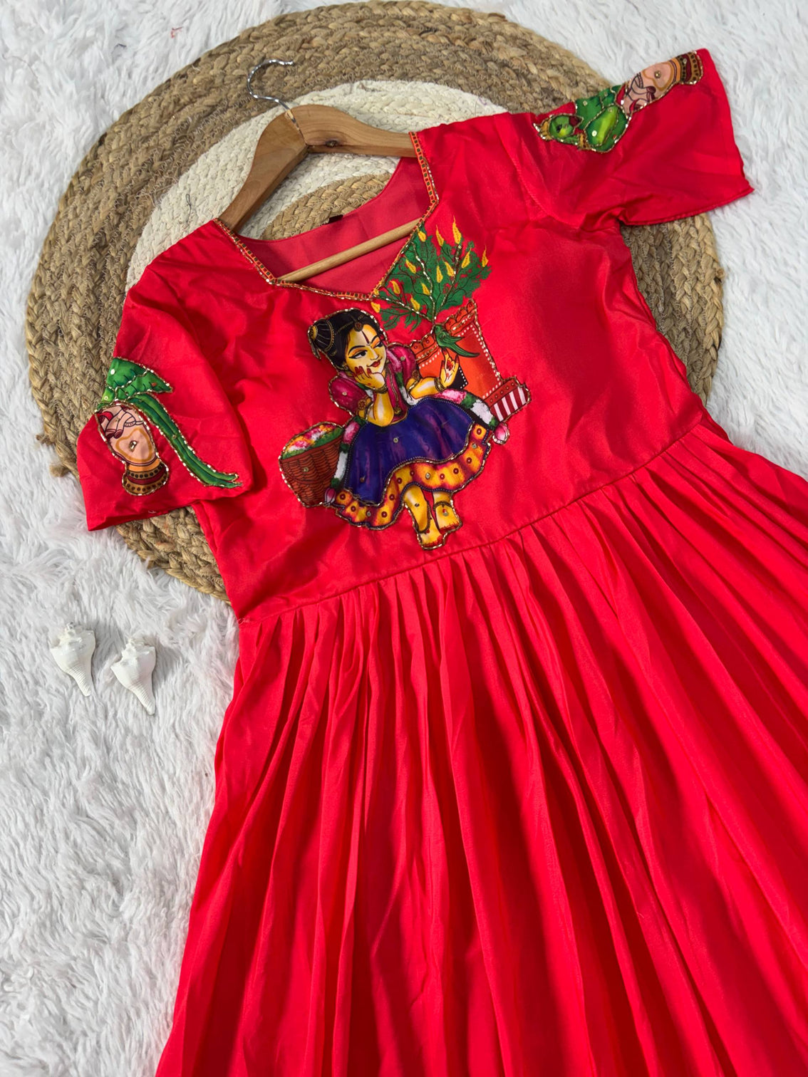 Red kalamkari printed maslin gown with khatli handwork moti beads