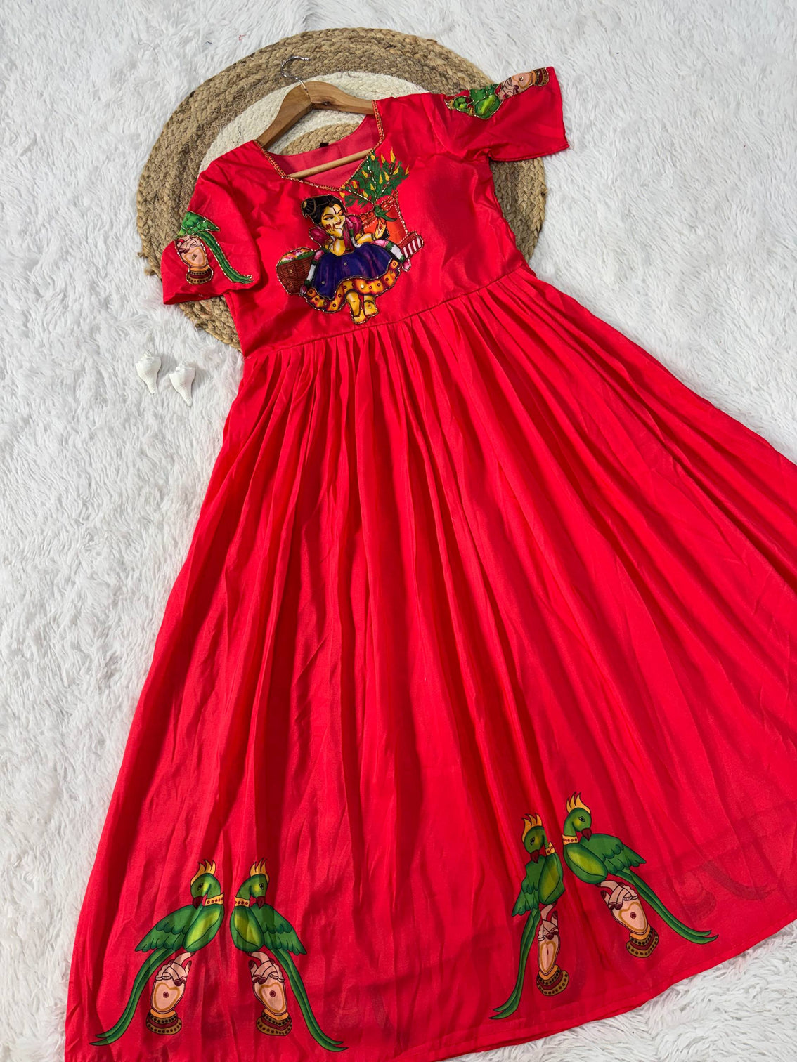 Red kalamkari printed maslin gown with khatli handwork moti beads