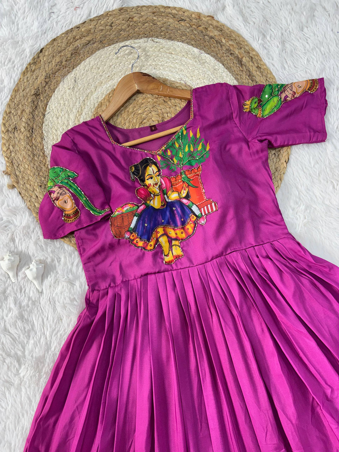 Purple kalamkari printed maslin gown with khatli handwork moti beads