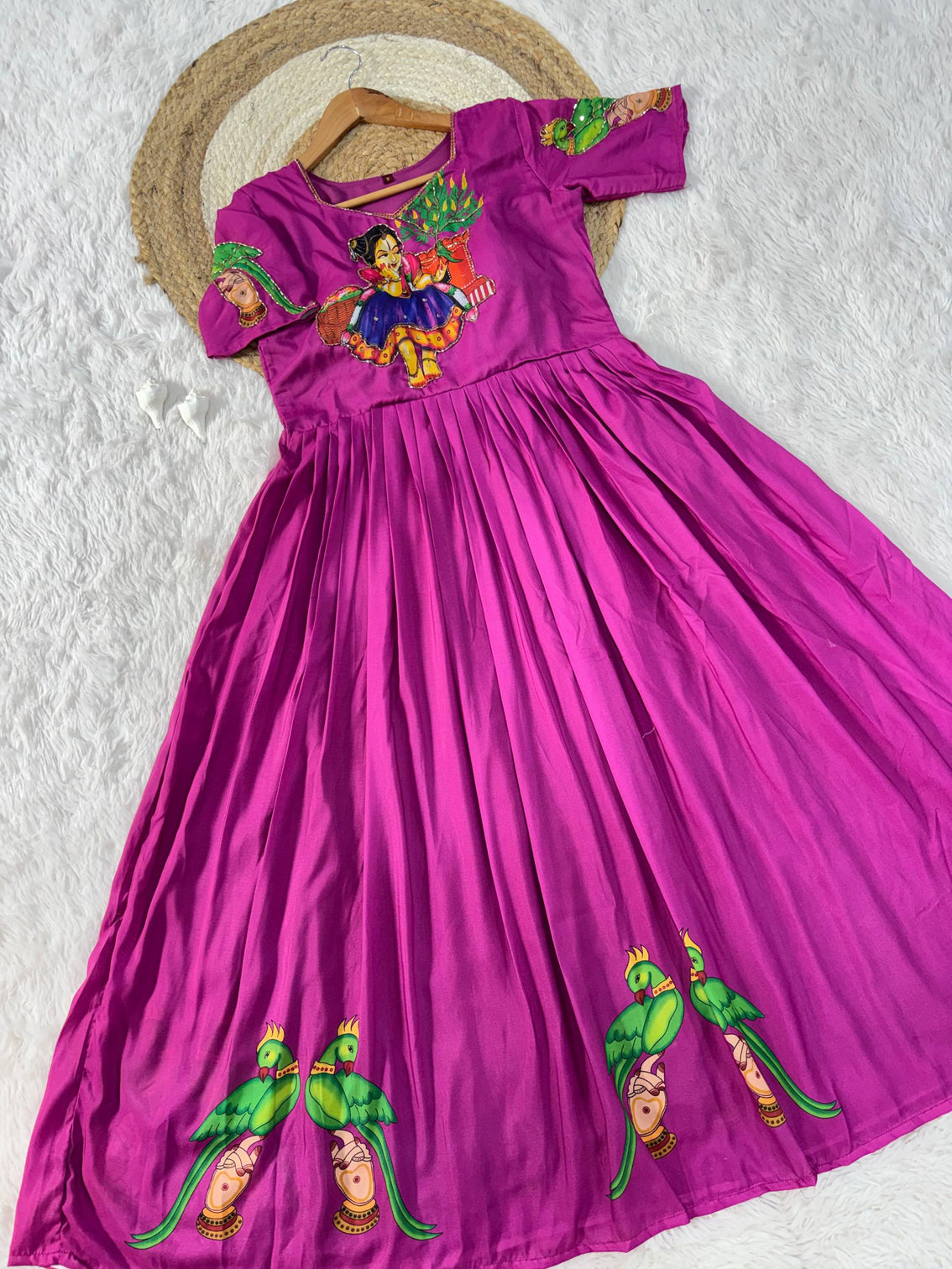 Purple kalamkari printed maslin gown with khatli handwork moti beads