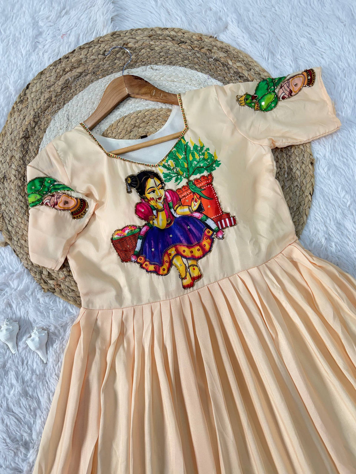 Peach kalamkari maslin gown with khatli handwork beads moti detailing