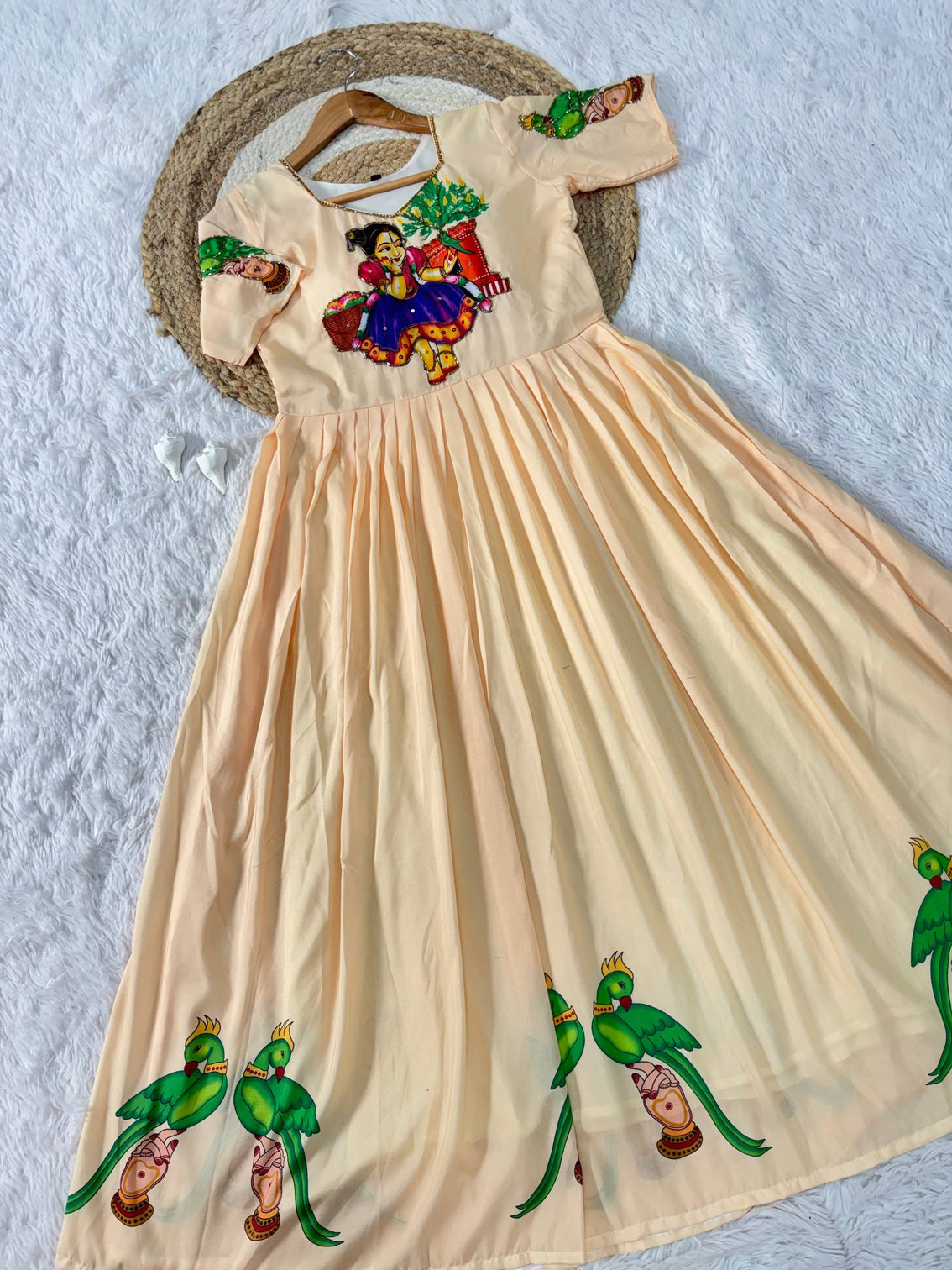 Peach kalamkari maslin gown with khatli handwork beads moti detailing