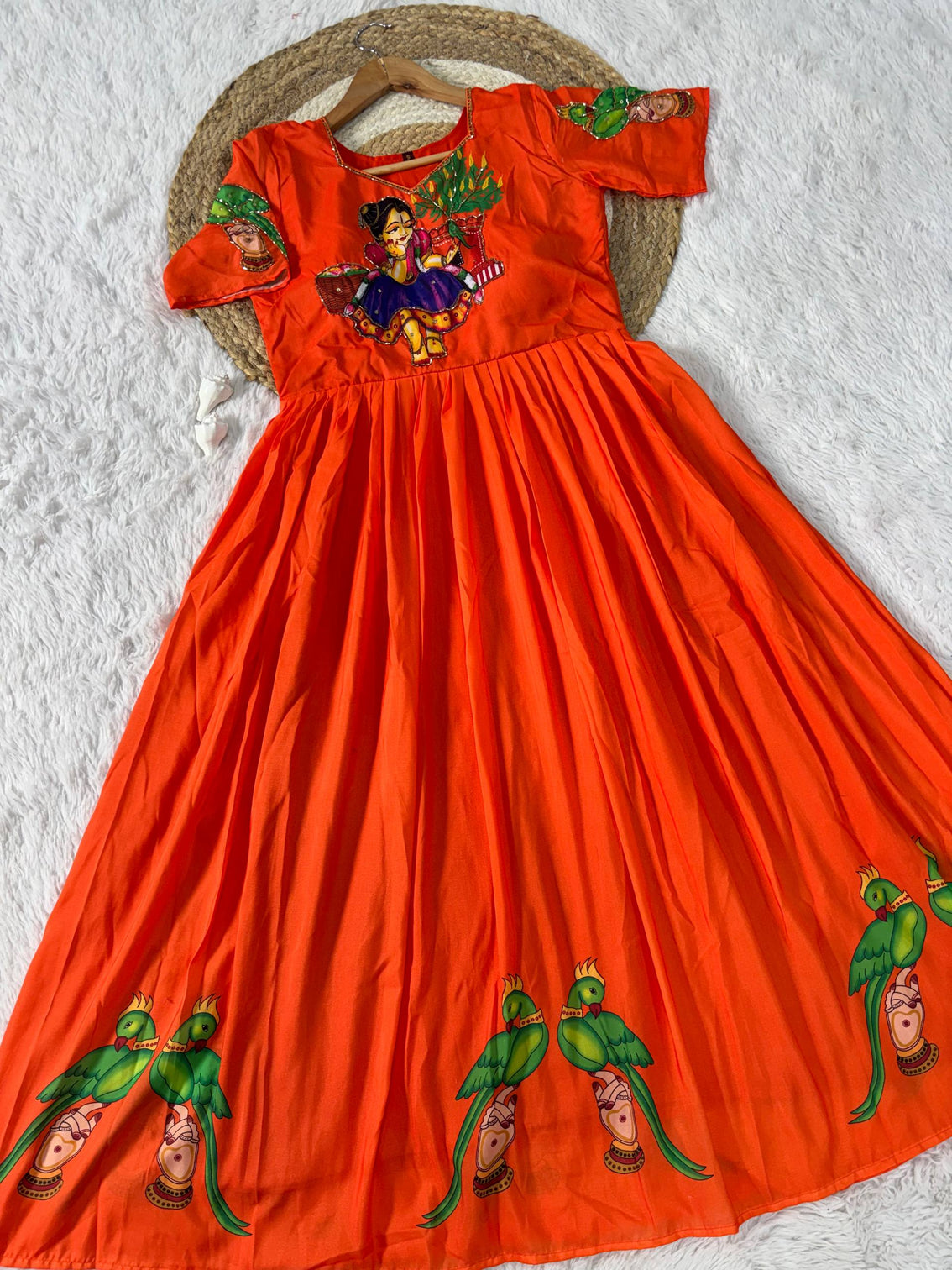 Orange kalamkari printed maslin gown with khatli handwork moti beads