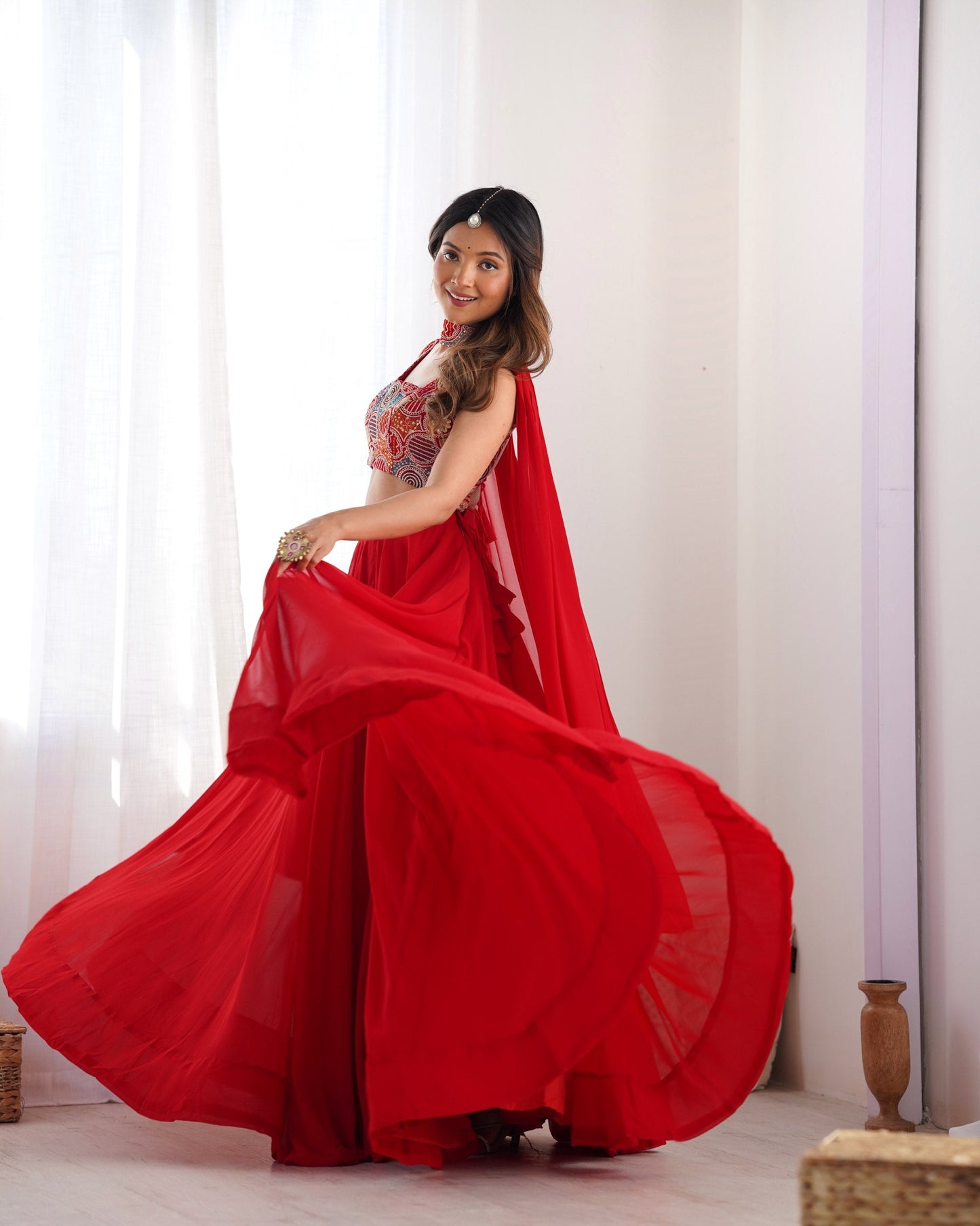 Elegant Red Flared Lehenga Choli with Designer Printed Blouse & Dupatta
