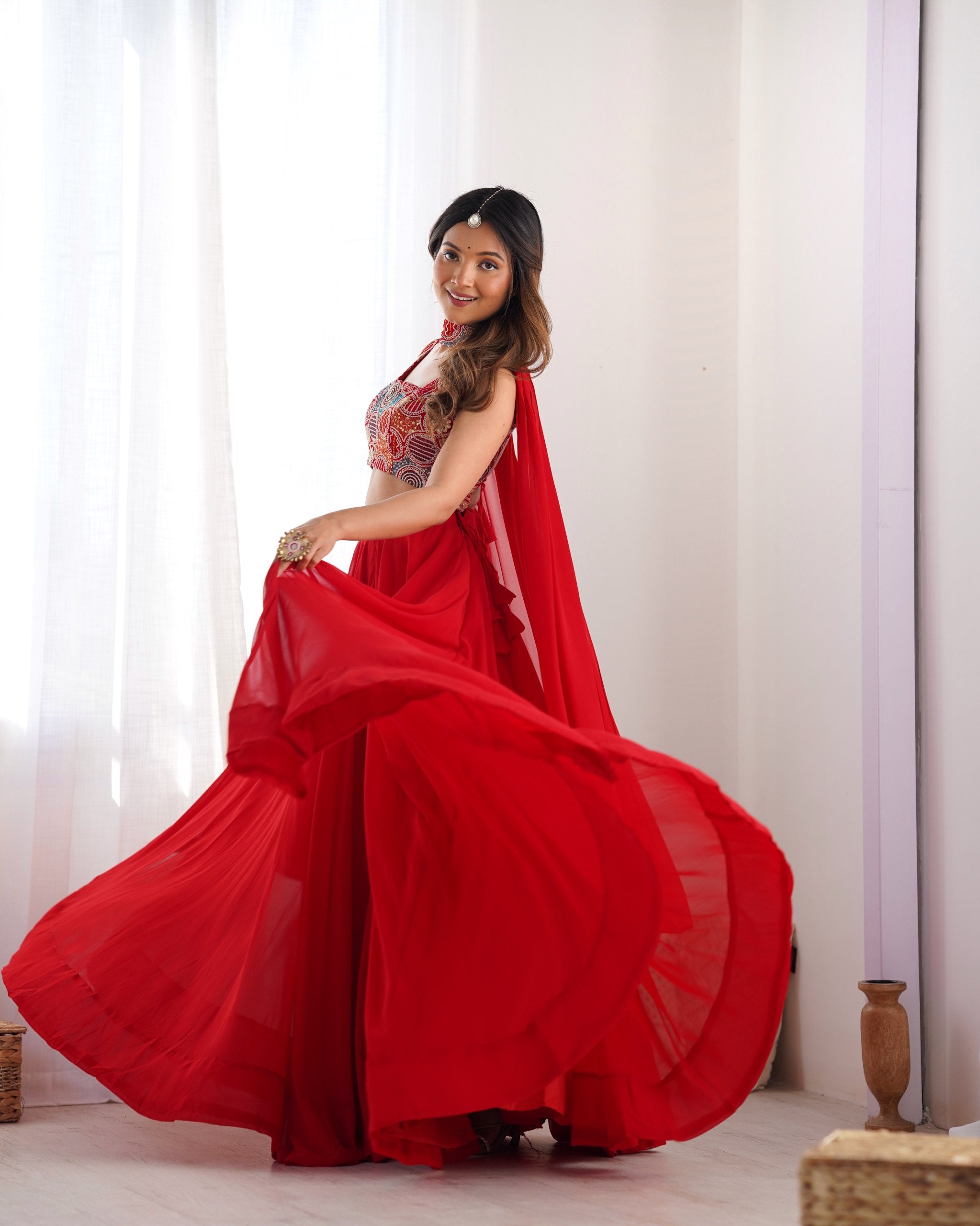 Elegant Red Flared Lehenga Choli with Designer Printed Blouse & Dupatta