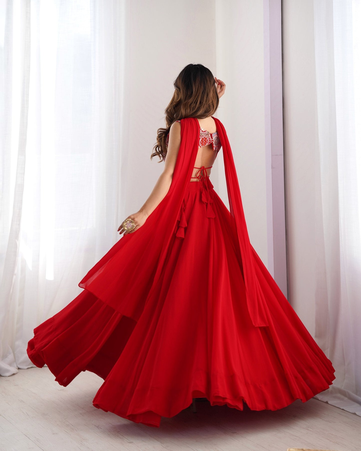 Elegant Red Flared Lehenga Choli with Designer Printed Blouse & Dupatta