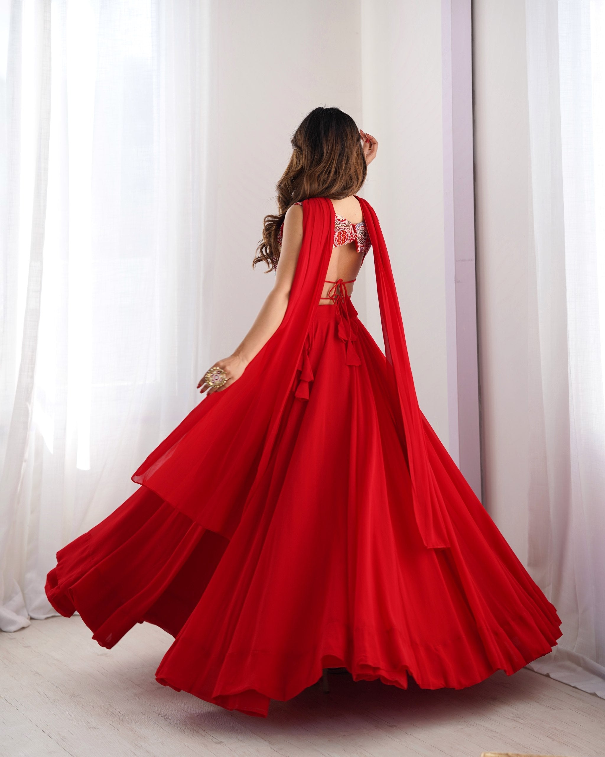 Elegant Red Flared Lehenga Choli with Designer Printed Blouse & Dupatta