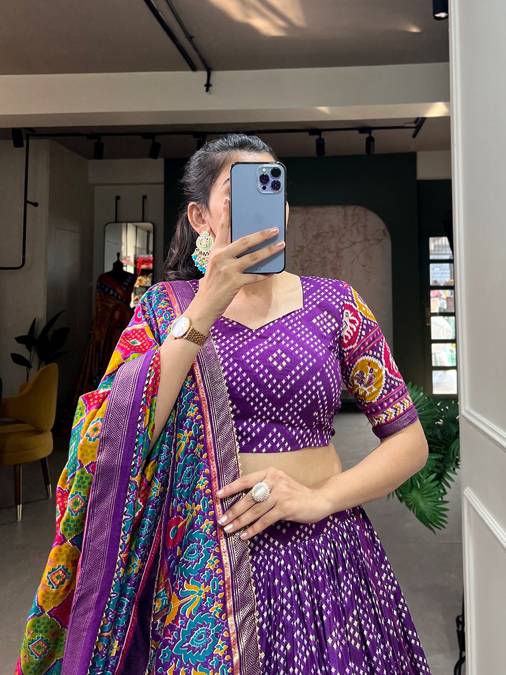 Purple Bandhani Print Lehenga Choli with Multicolor Patola Dupatta