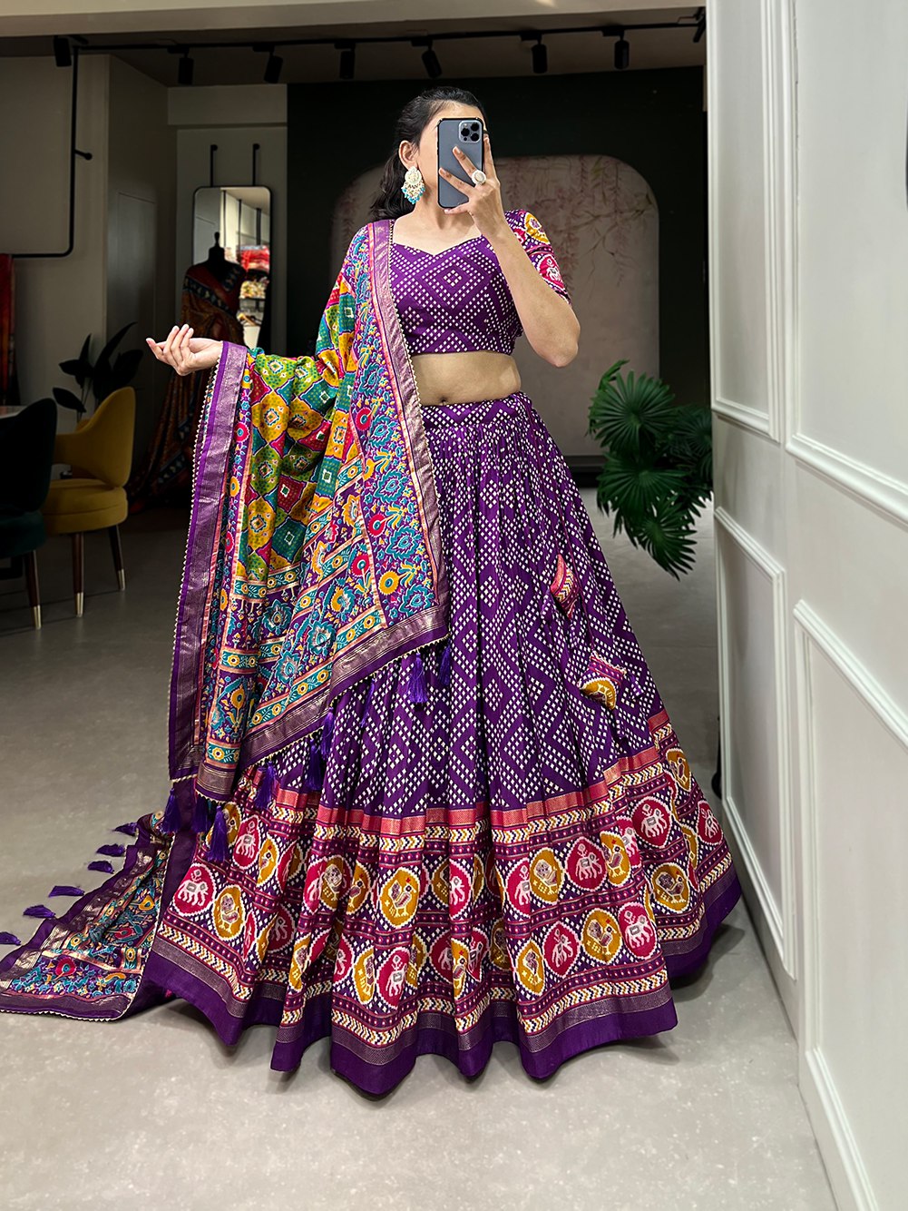 Purple Bandhani Print Lehenga Choli with Multicolor Patola Dupatta