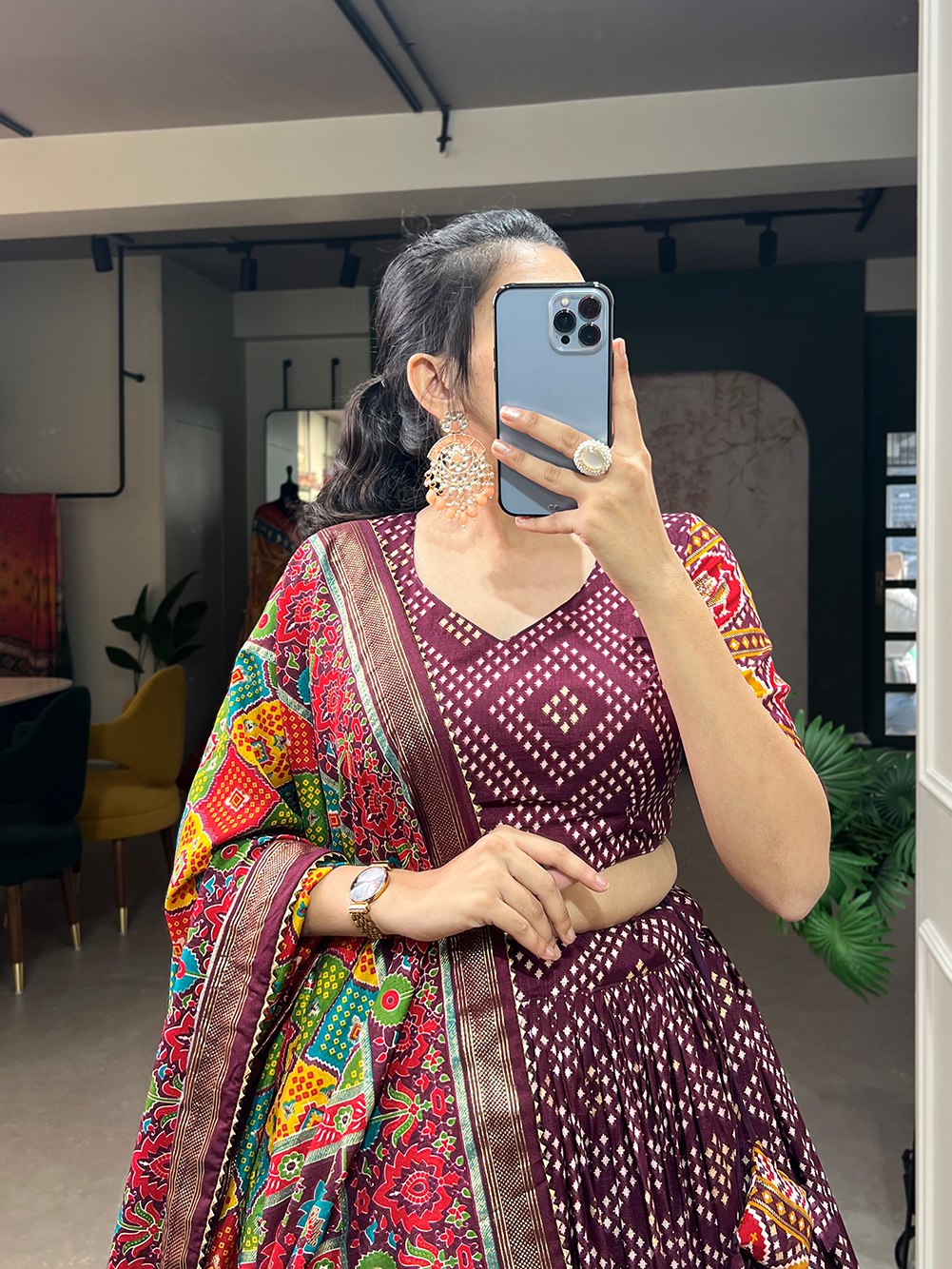 Maroon Bandhani Print Lehenga Choli with Multicolor Patola Dupatta