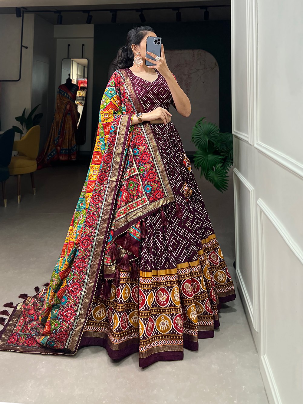 Maroon Bandhani Print Lehenga Choli with Multicolor Patola Dupatta