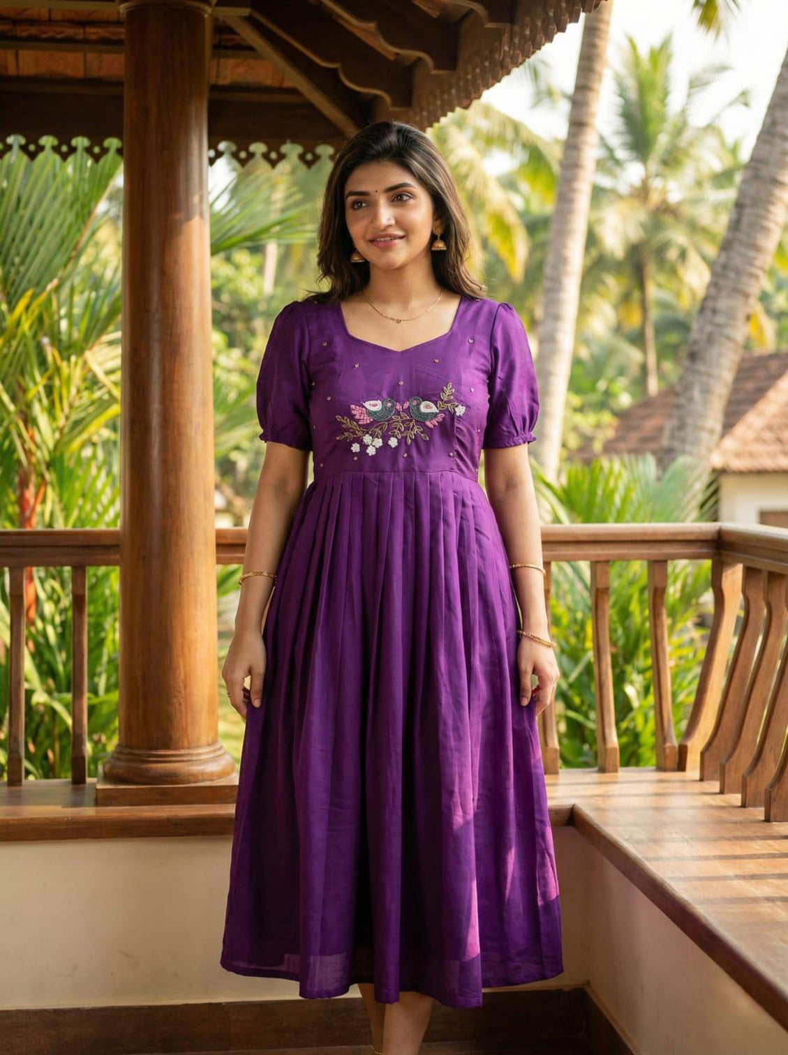 Purple roman fabric handwork anarkali gown for women mameraa