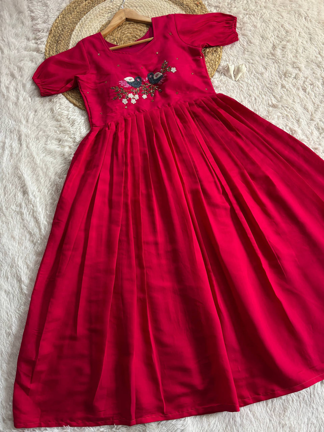 Elegant roman fabric moti kardana handwork gown
