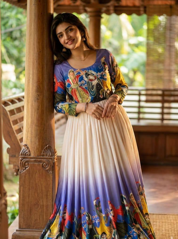 Premium muslin kalamkari designer anarkali gown with khatli handwork with moti and beats