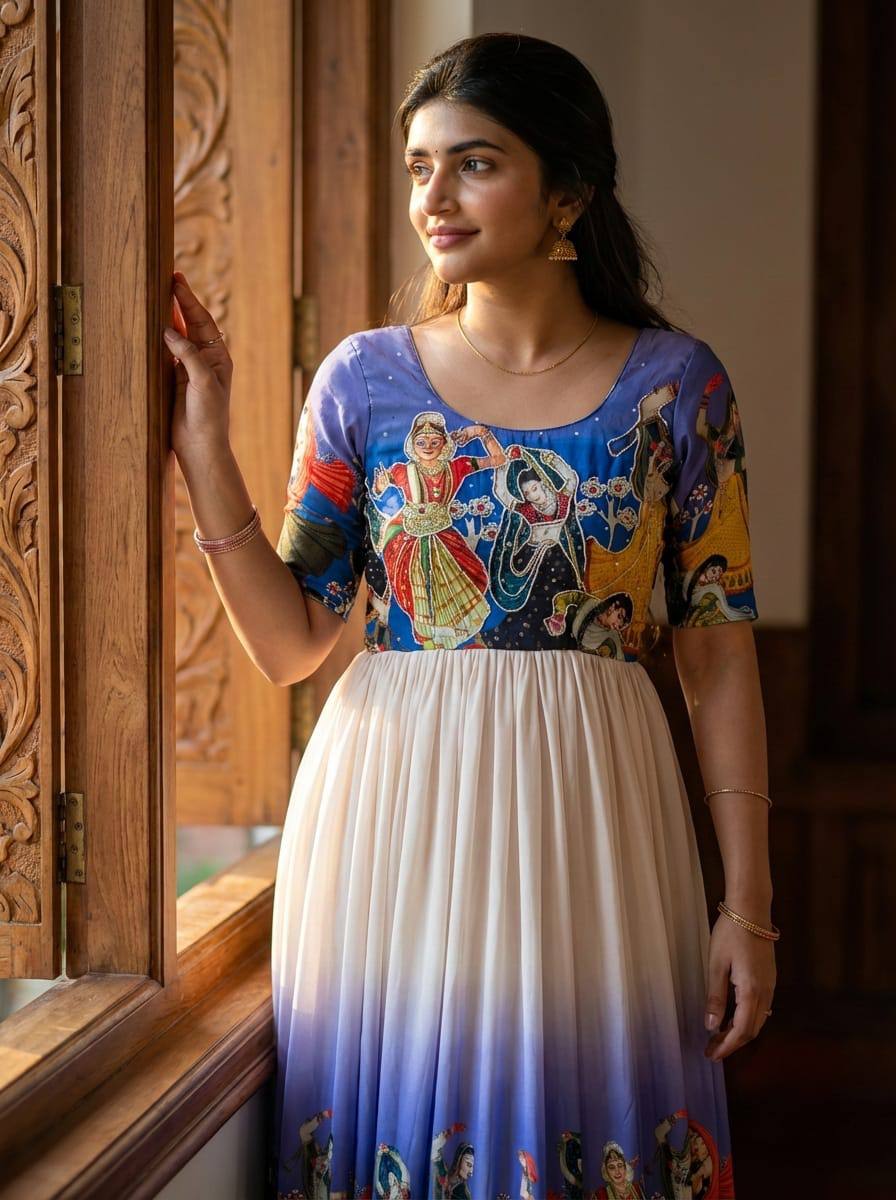 Premium muslin kalamkari designer anarkali gown with khatli handwork with moti and beats