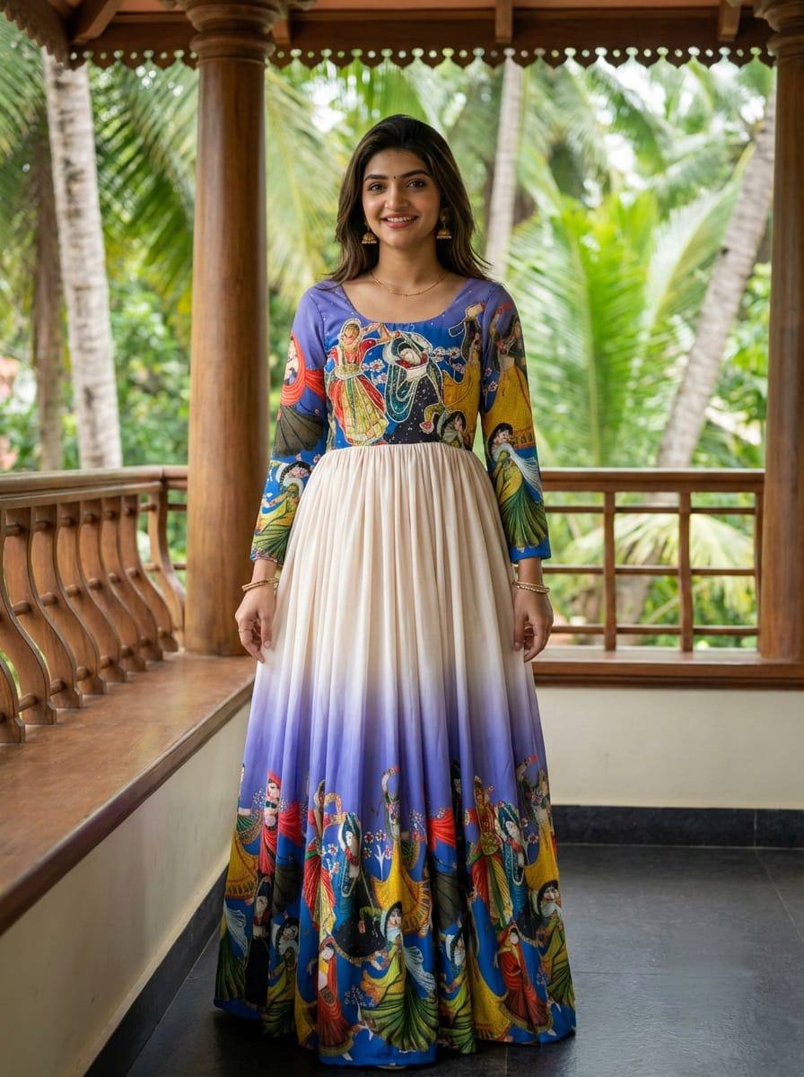 Premium muslin kalamkari designer anarkali gown with khatli handwork with moti and beats mameraa