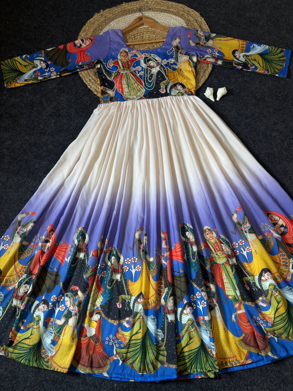 Premium muslin kalamkari designer anarkali gown with khatli handwork with moti and beats