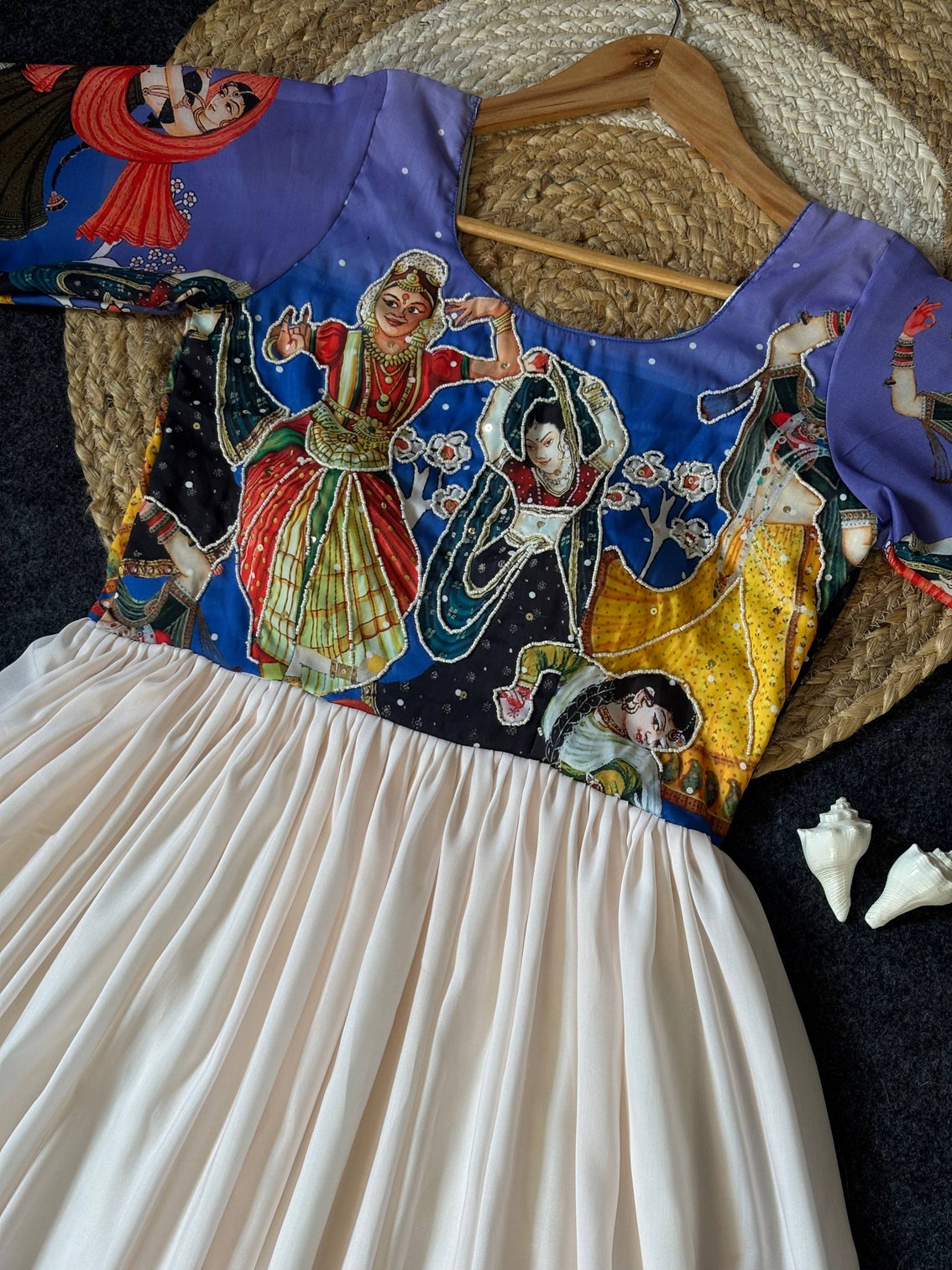 Premium muslin kalamkari designer anarkali gown with khatli handwork with moti and beats