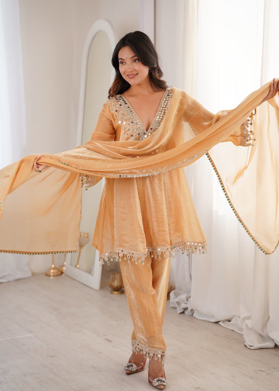 Chickoo party wear kurti set with real mirror work fendy fabric suit set mameraa