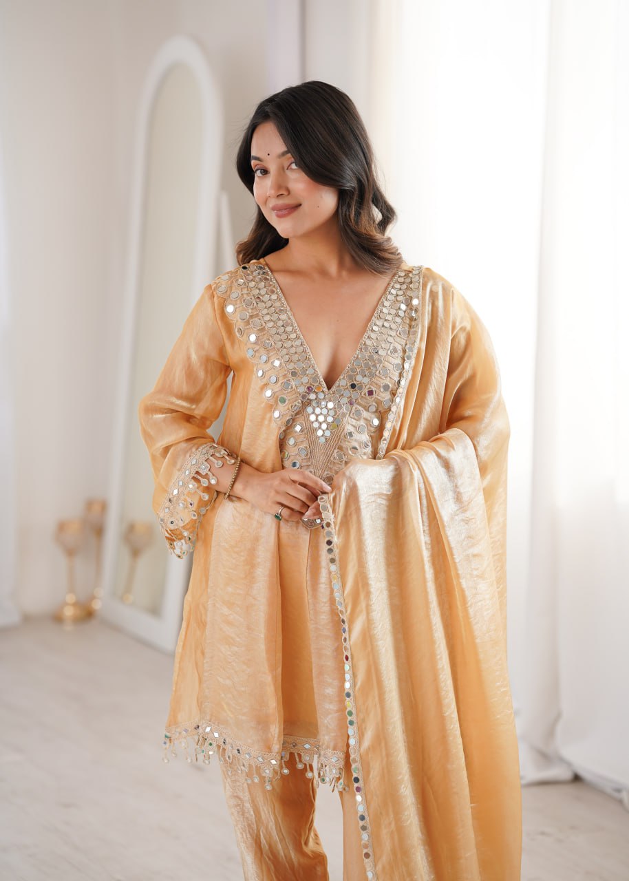Chickoo party wear kurti set with real mirror work fendy fabric suit set
