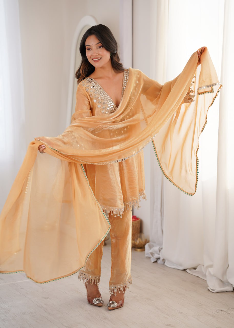 Chickoo party wear kurti set with real mirror work fendy fabric suit set
