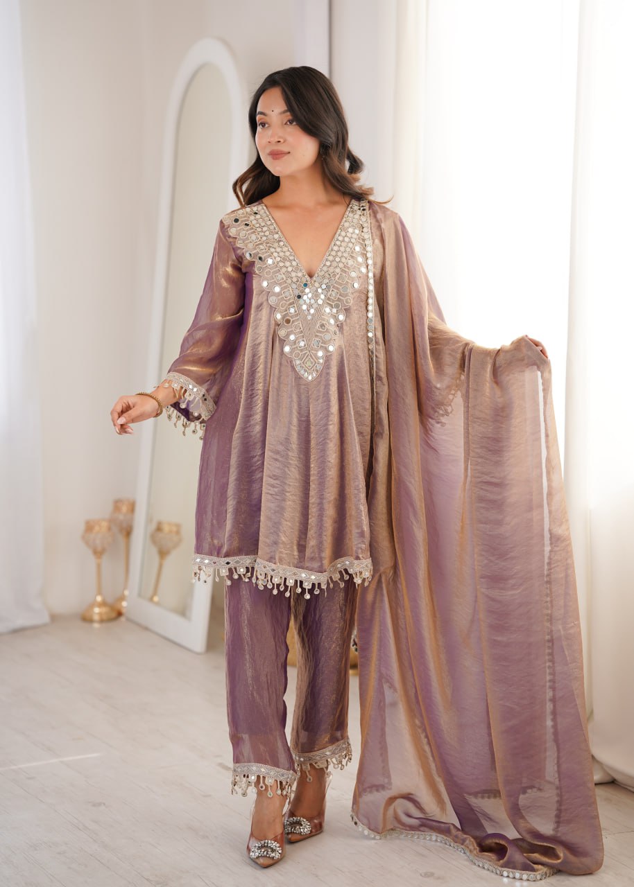 Purple party wear kurti set with real mirror work fendy fabric suit set