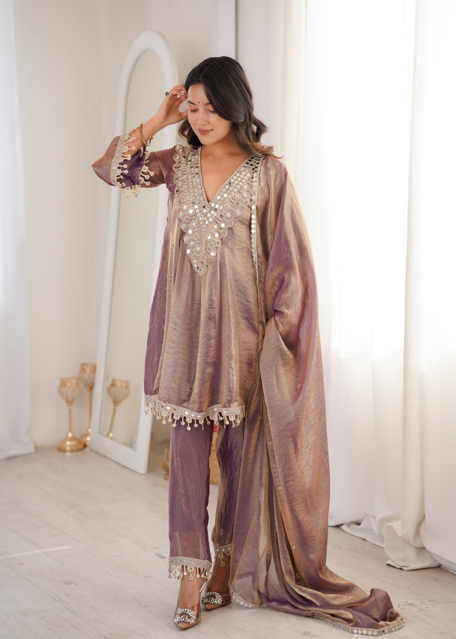 Purple party wear kurti set with real mirror work fendy fabric suit set
