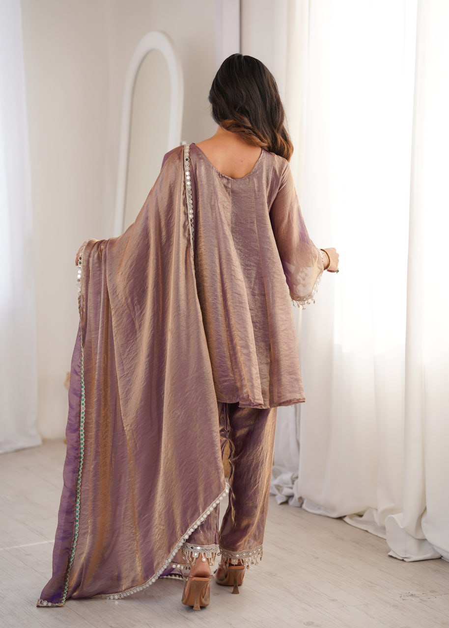 Purple party wear kurti set with real mirror work fendy fabric suit set