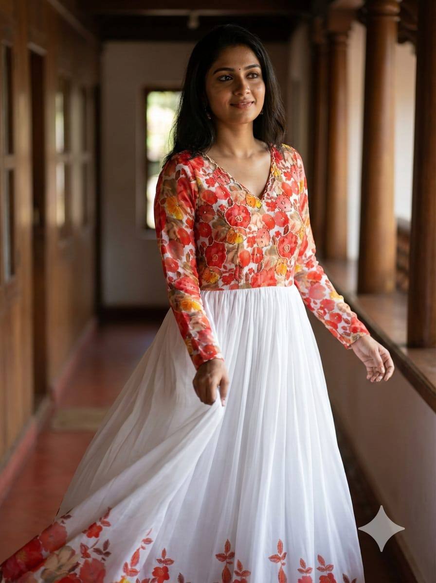 Ivory white floral maslin gown with khatli handwork elegant festive ethnic wear gown for women