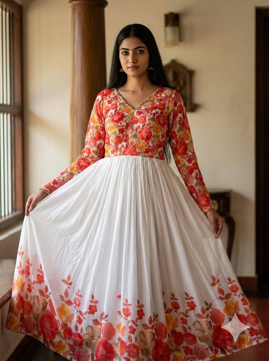Ivory white floral maslin gown with khatli handwork elegant festive ethnic wear gown for women mameraa
