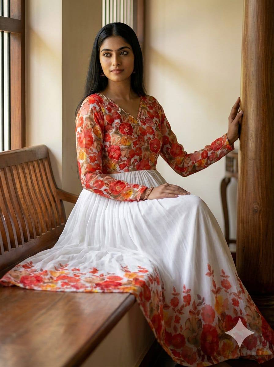 Ivory white floral maslin gown with khatli handwork elegant festive ethnic wear gown for women