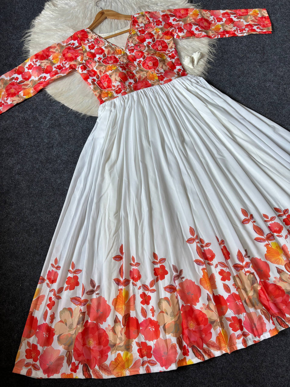 Ivory white floral maslin gown with khatli handwork elegant festive ethnic wear gown for women