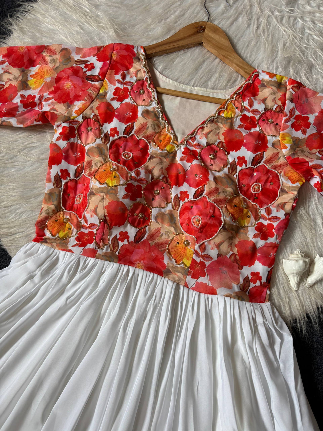 Ivory white floral maslin gown with khatli handwork elegant festive ethnic wear gown for women