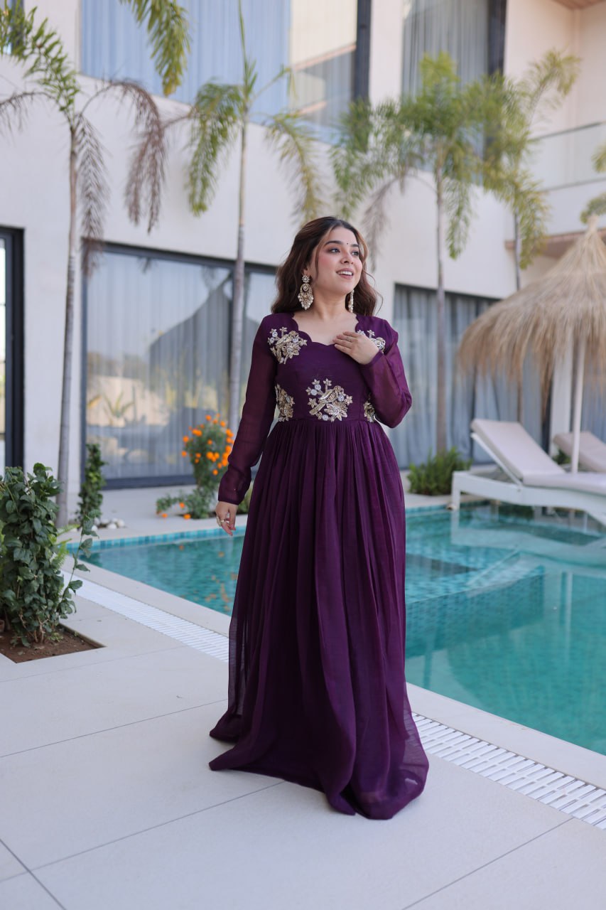Purple Embroidered Gown with Long Sleeves