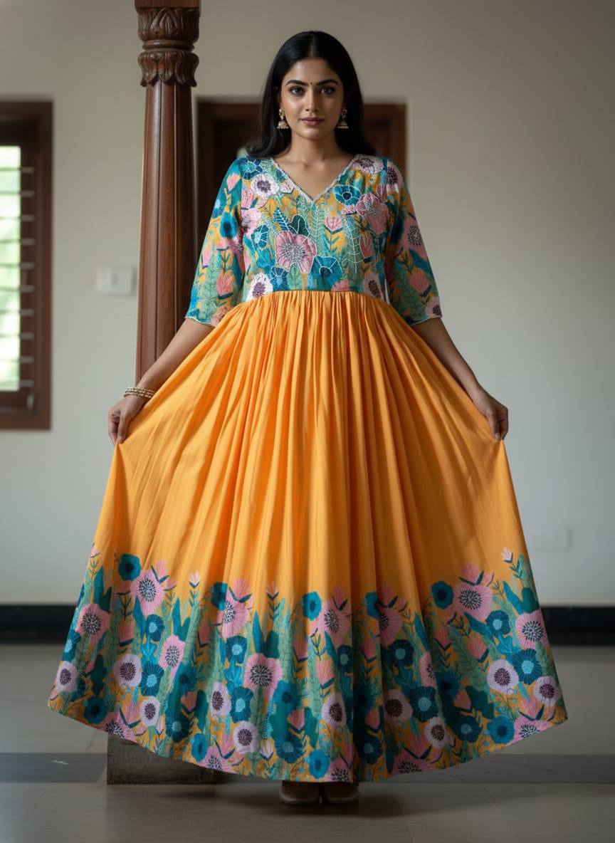 Mustard floral printed maslin gown with khatli handwork elegant ethnic wear gown for women mameraa