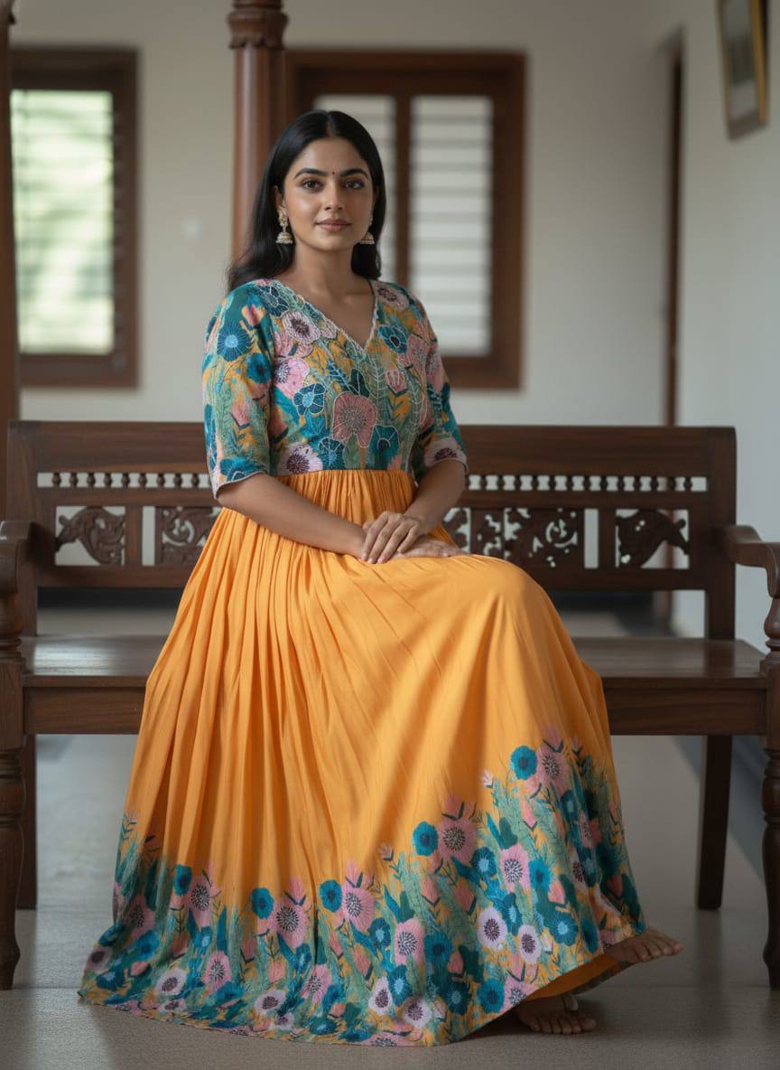 Mustard floral printed maslin gown with khatli handwork elegant ethnic wear gown for women