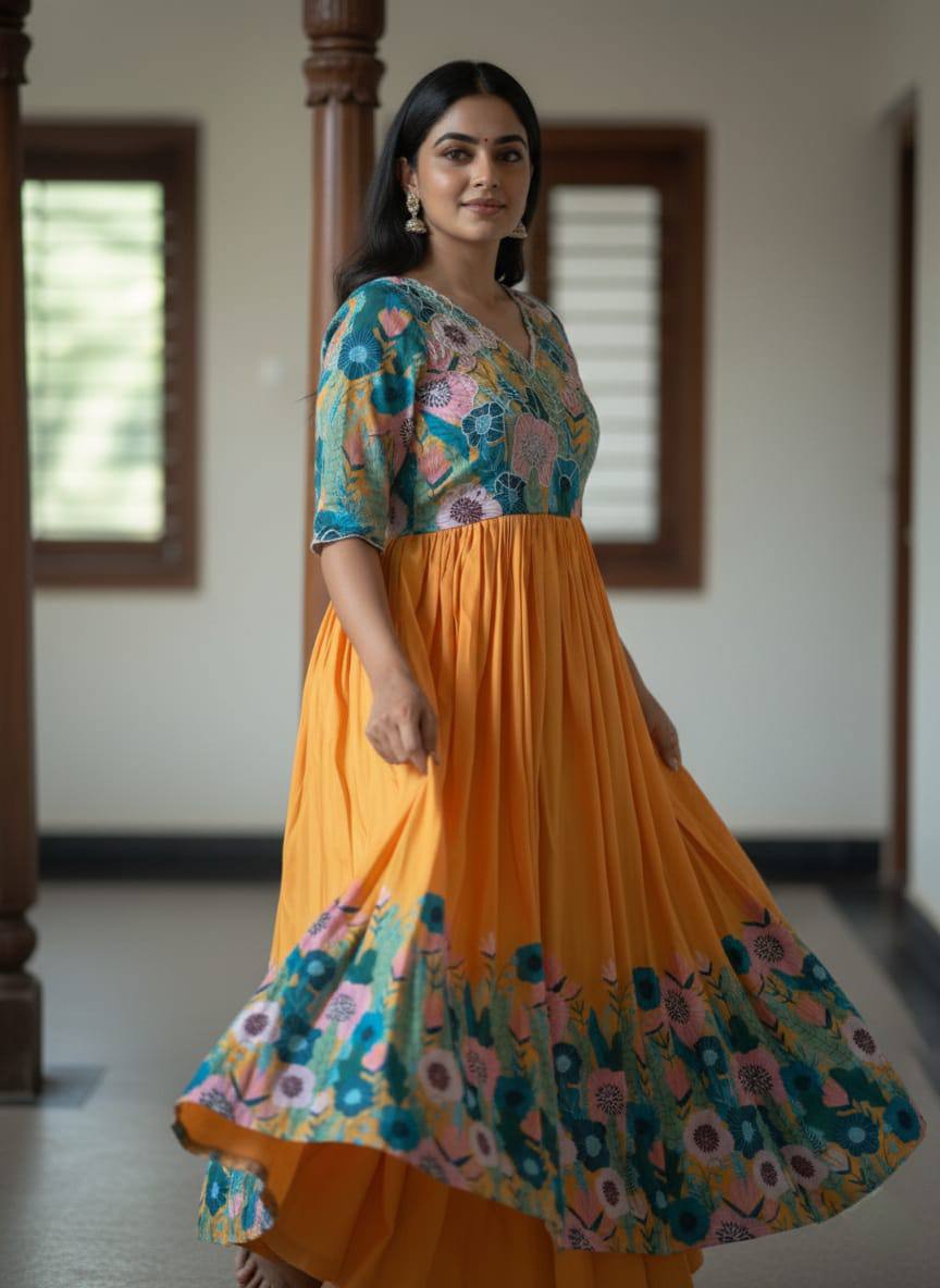 Mustard floral printed maslin gown with khatli handwork elegant ethnic wear gown for women